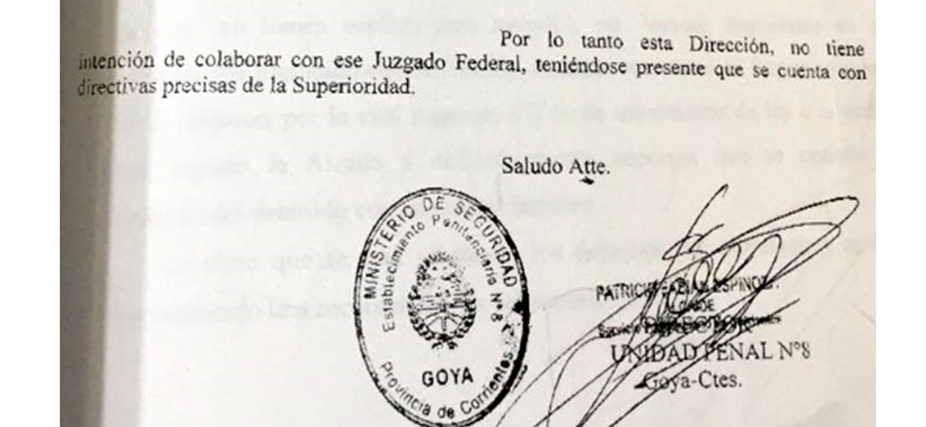 «No tenemos intención de colaborar con su juzgado», dicen desde la Cárcel de Goya a Alurralde