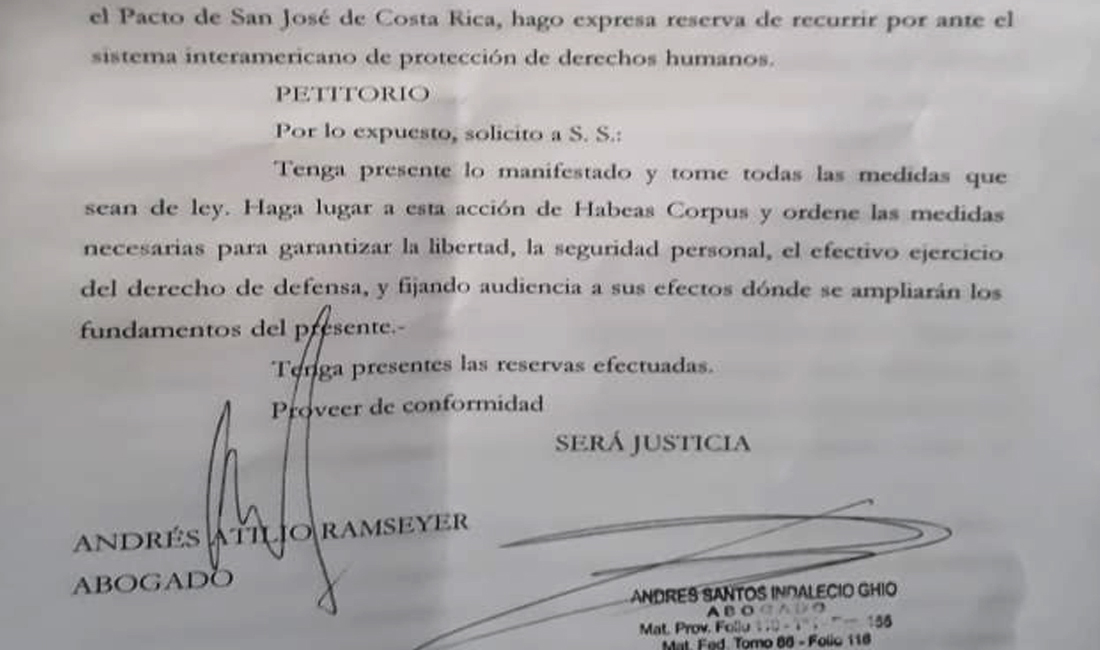 Presentaron «habeas corpus» para liberar al Dr. Hernández
