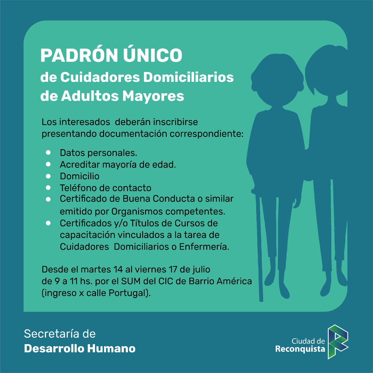 En Reconquista está abierto el registro al Padrón Único de Cuidadores Domiciliarios de Adultos Mayores