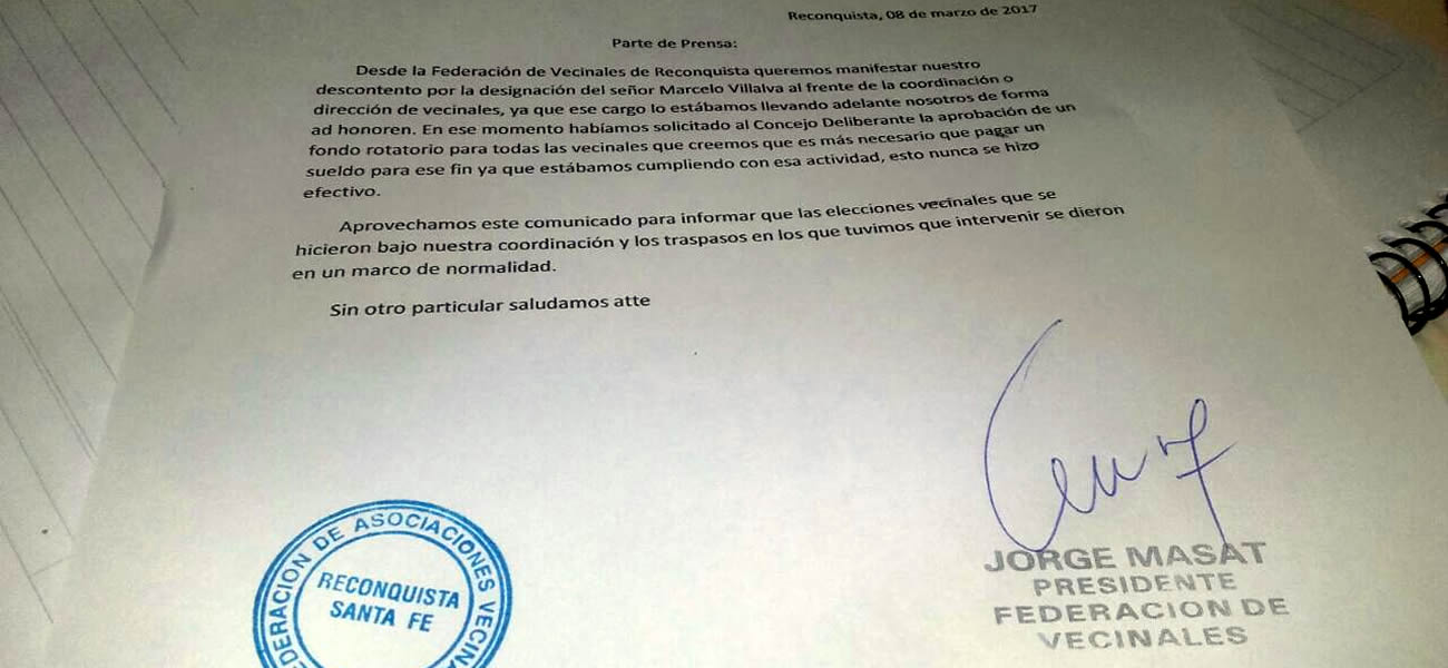 La Federación de Vecinales se opone al nombramiento de Villalba