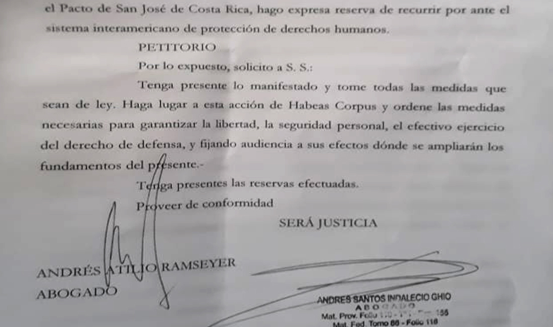 Presentaron «habeas corpus» para liberar al Dr. Hernández